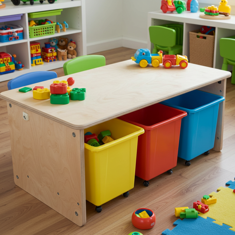 Open white cubby shelving with lightweight fabric storage bins featuring graphic picture labels for toys in a toddler room