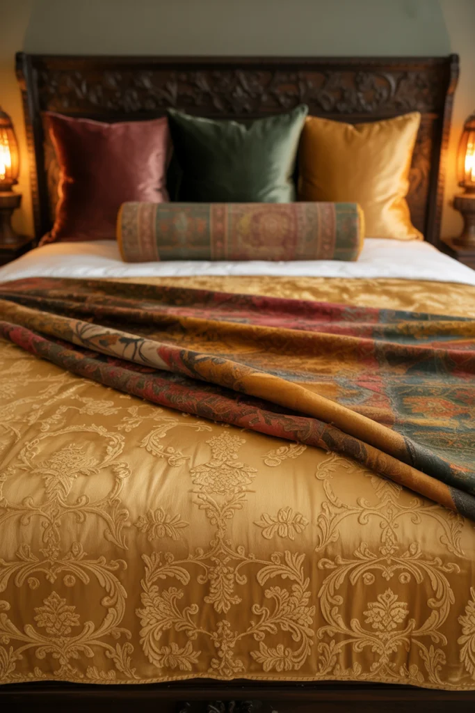 Cozy Tuscan terracotta hearth nook with built-in arched bookshelves and warm rustic armchair in an Italian villa bedroom