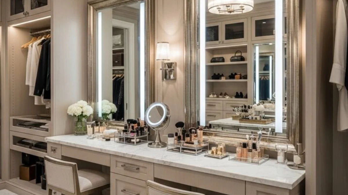 A vanity with a three-way mirror for full styling views