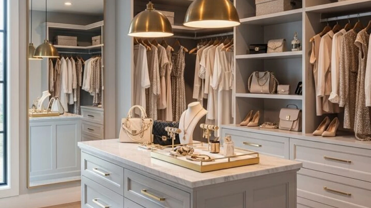 A vanity with brass or gold accents for a glam touch
