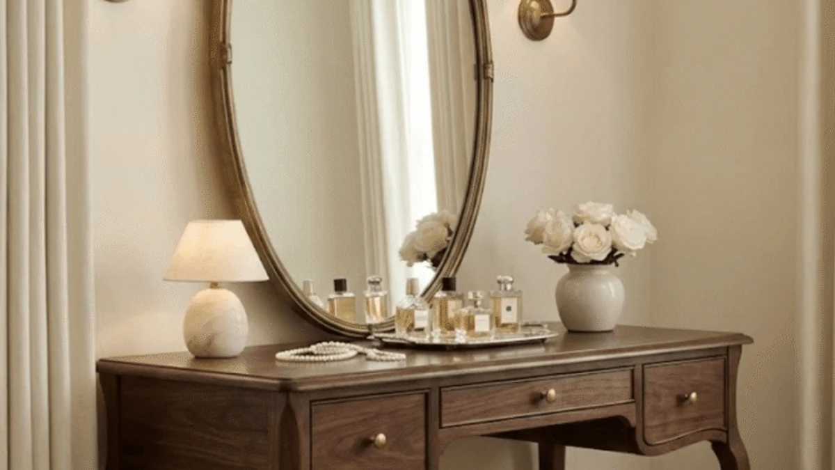 A vintage-inspired vanity with an ornate mirror