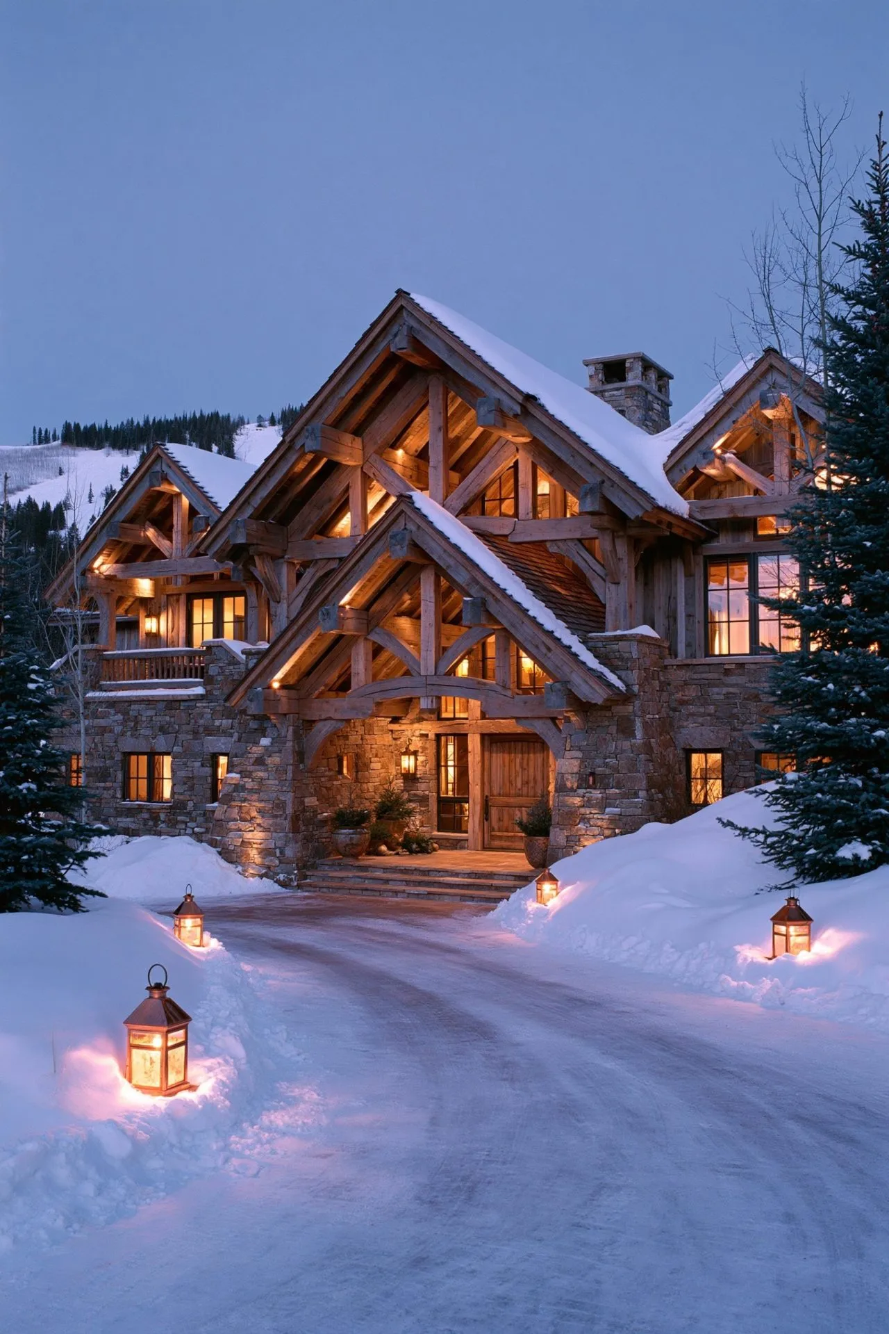 1. A Stone-Facade Mansion with a Grand, Roaring Fireplace as the Interior Centerpiece