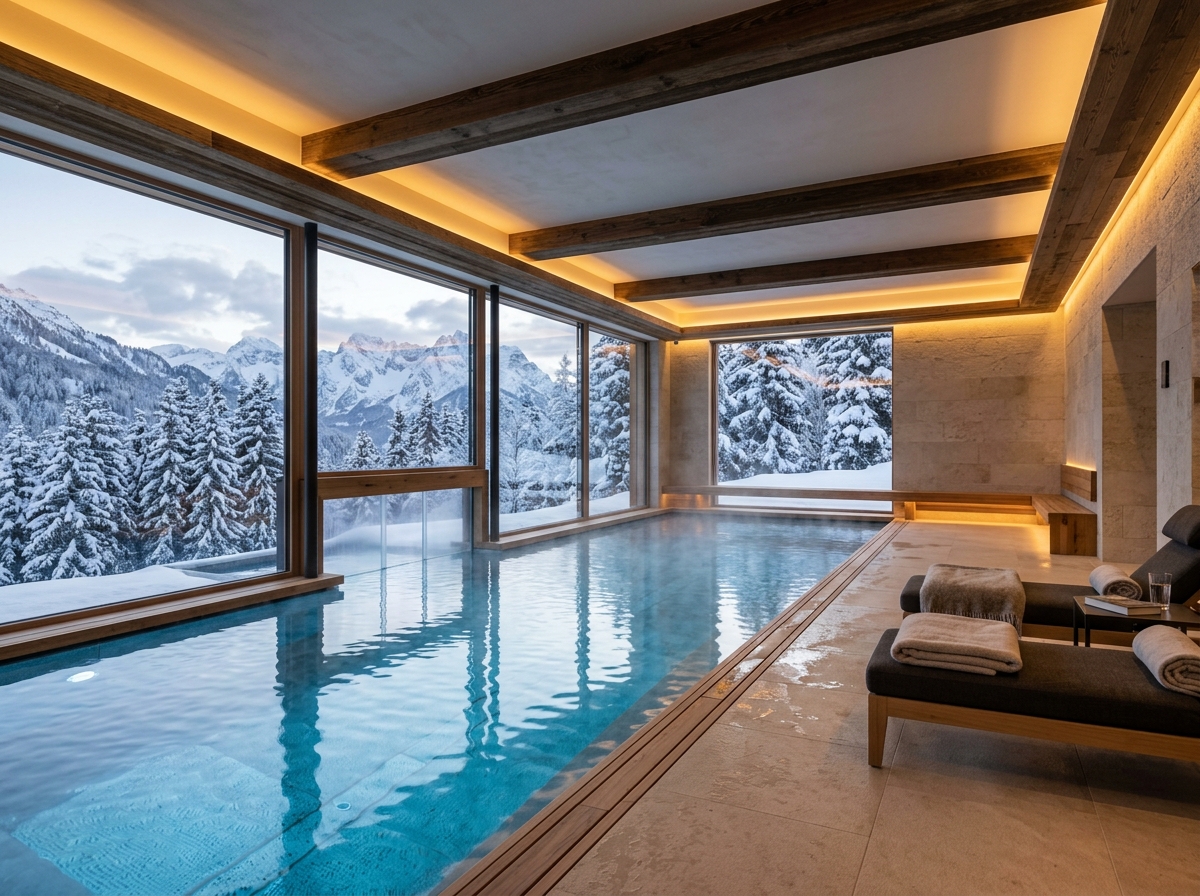 11. An Indoor Heated Infinity Pool Overlooking Snow-Covered Pines and Mountains