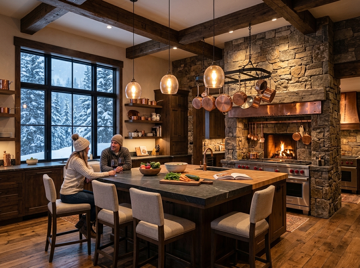 12. A Chef's Winter Hearth Kitchen with Hand-Hewn Beams and Copper Cookware