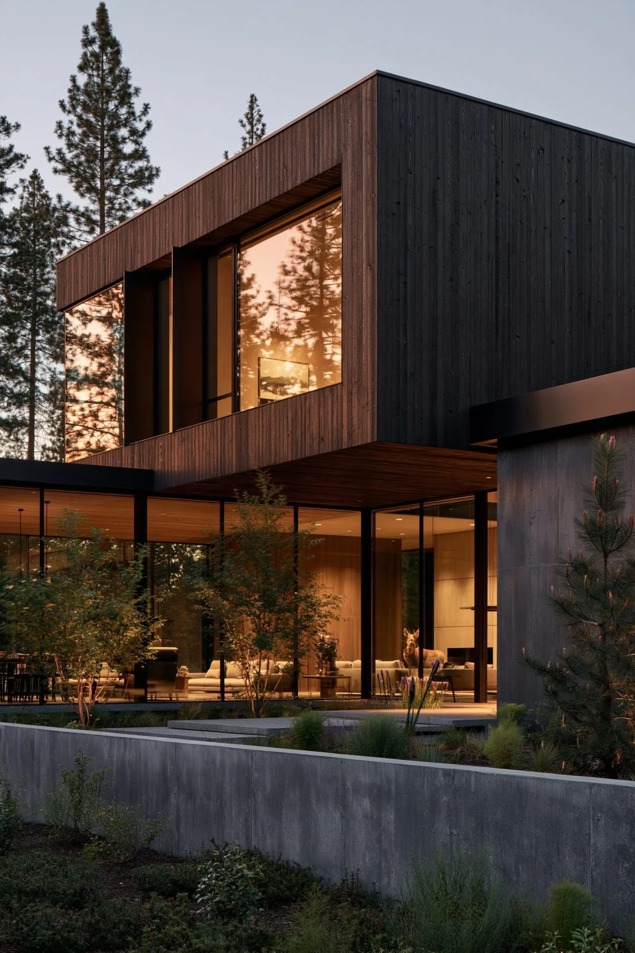 13. An Architectural Cantilevered Winter Chalet Wing Nestled in Pine Forest