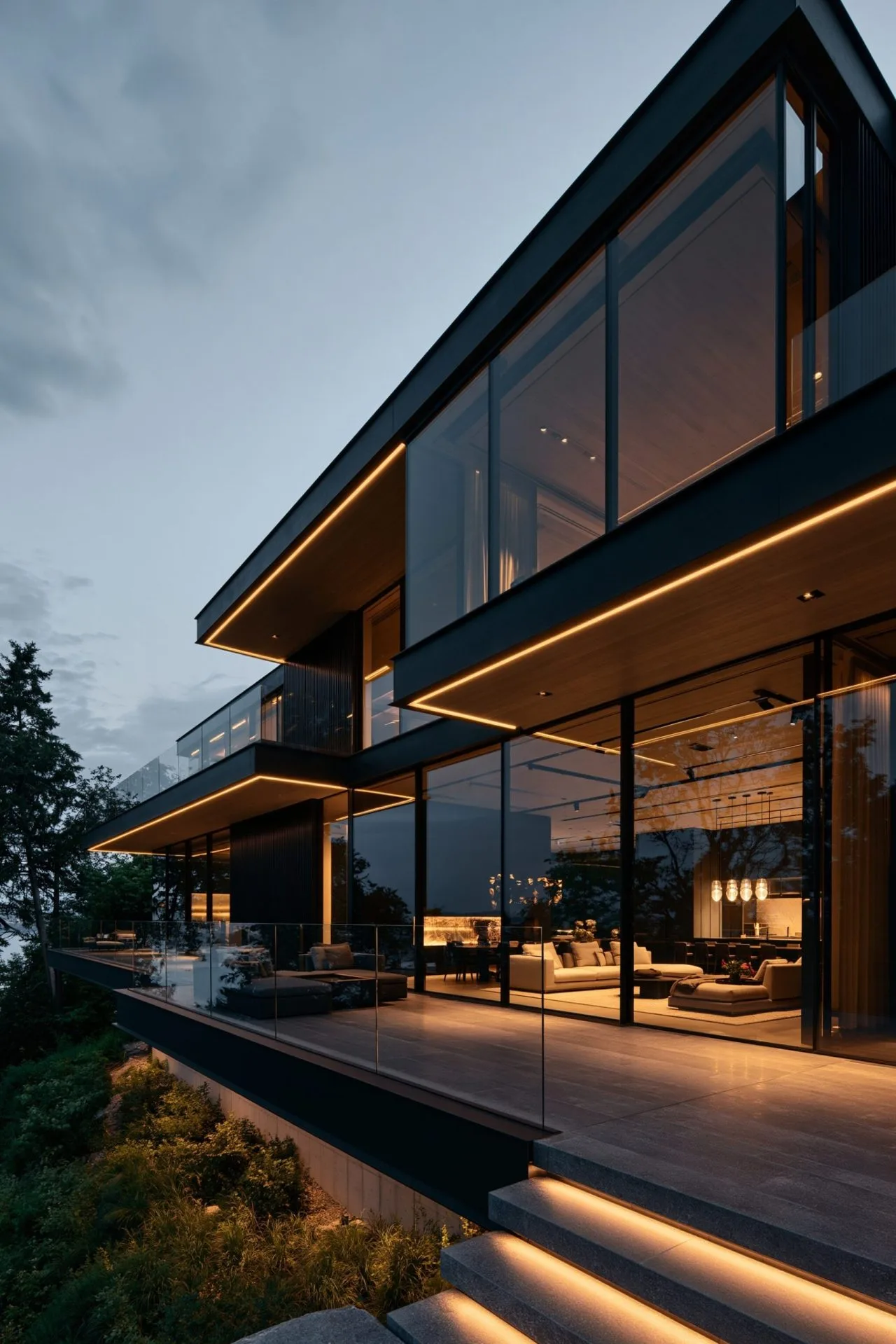 14. A Multi-Tiered Illuminated Glass Terrace with Integrated Snow-Melt Heating