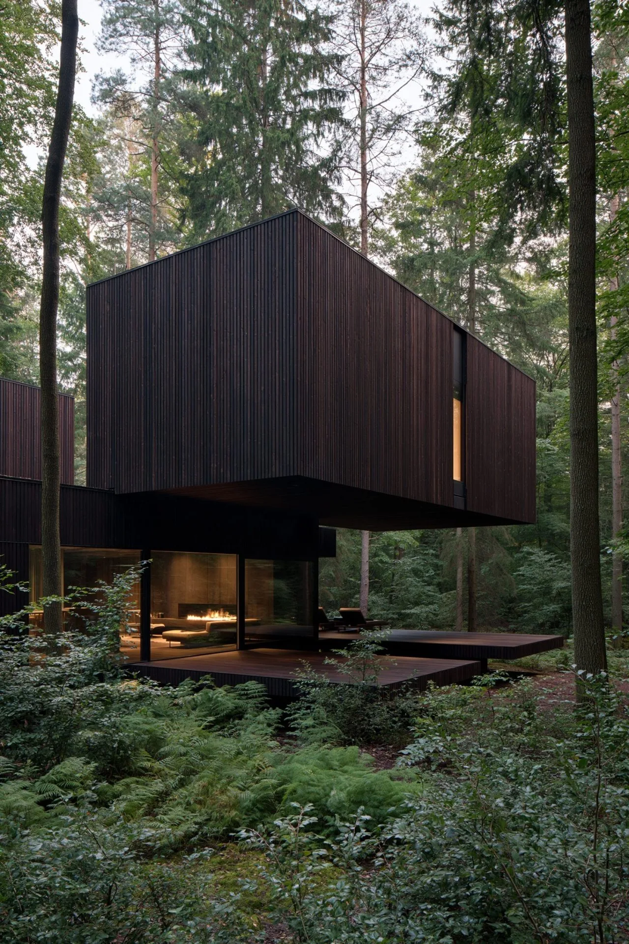 15. A Cantilevered Floating Hearth Lounge Overlooking the Winter Woods