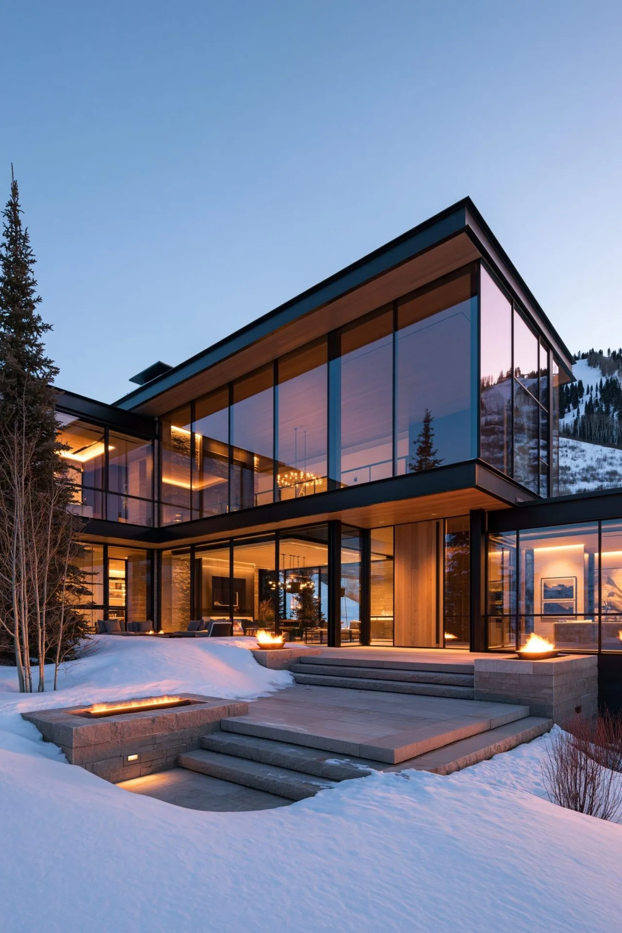 2. Floor-to-Ceiling Windows Framing a Snowy Landscape, Paired with Warm Interior Textiles