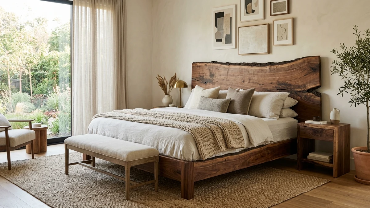 A live-edge wood bed frame for a natural, sculptural look
