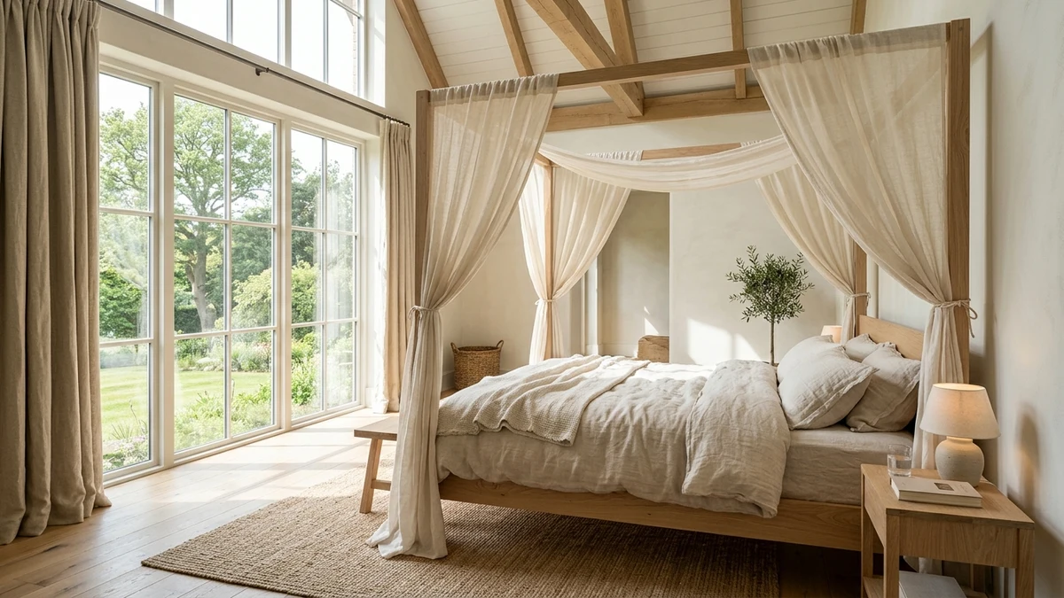 A canopy bed frame in natural, unfinished wood