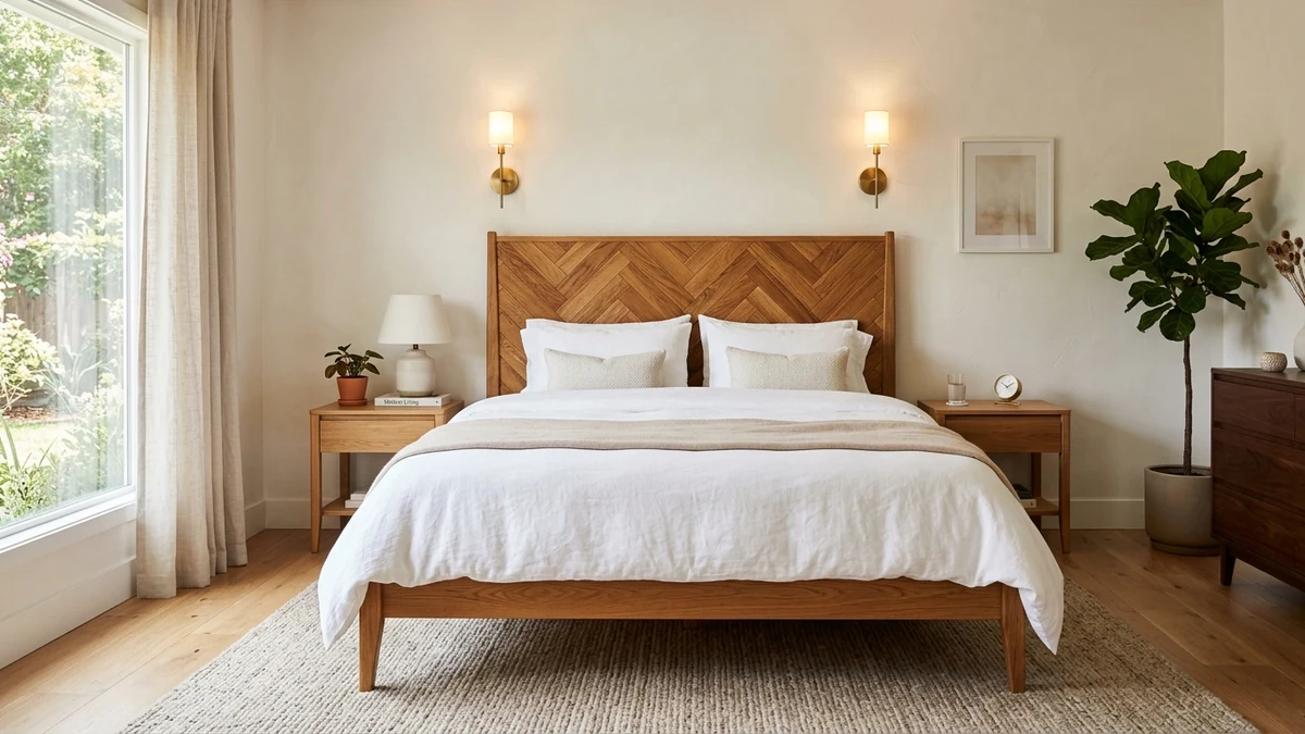 A herringbone-pattern wood headboard for textural interest