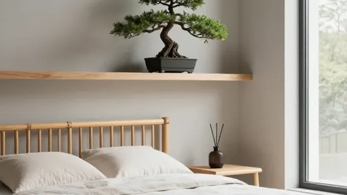 A minimalist Japandi-style low wood platform bed