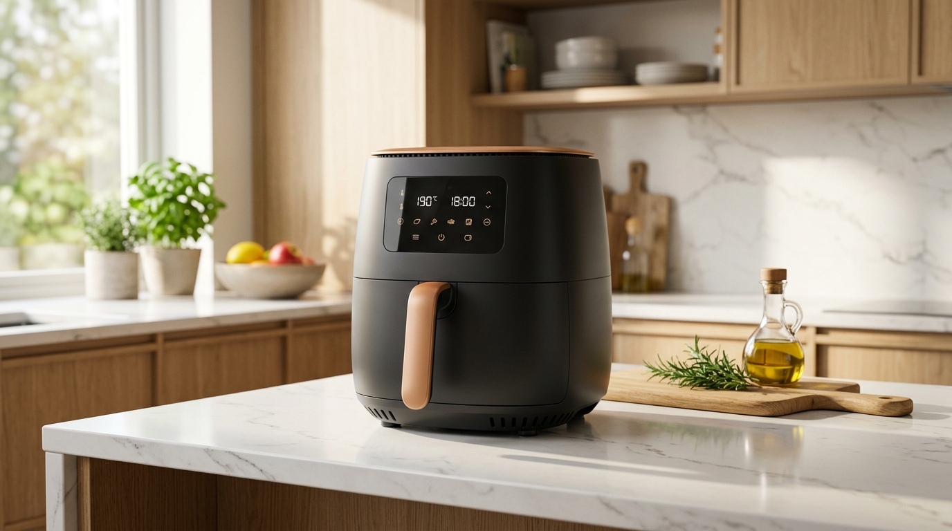 Modern kitchen countertop featuring sleek non-toxic air fryer appliance