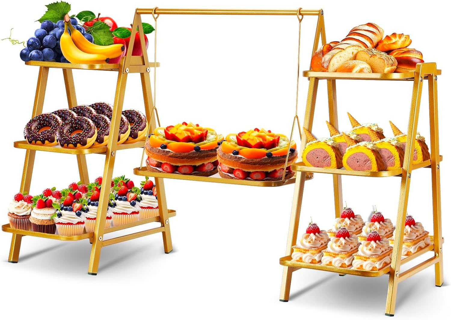 Luxurious Gold Metal 3-Tier Cupcake Stand with Swing Trays