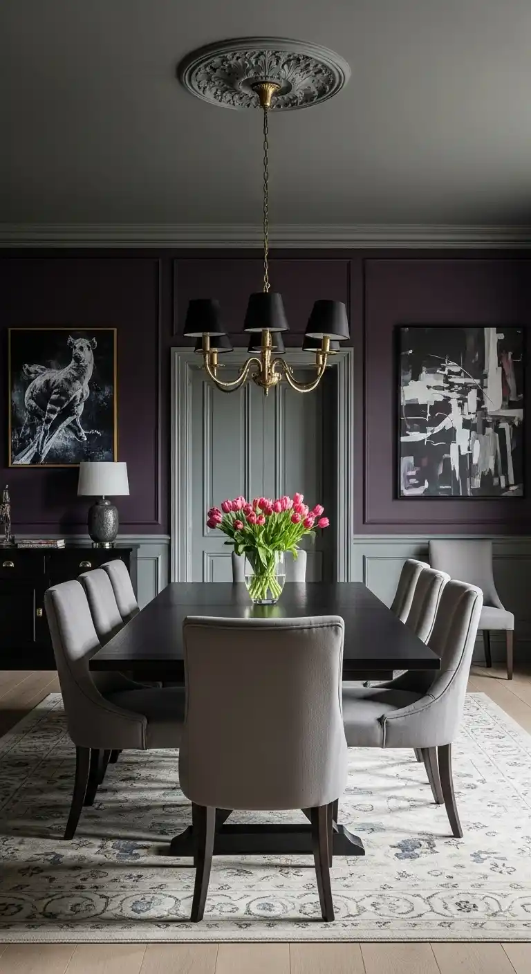 Dark Moody Accent Wall Behind Long Dining Table