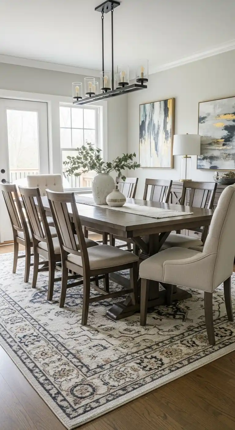 Large Area Rug Defining Dining Space under Long Table