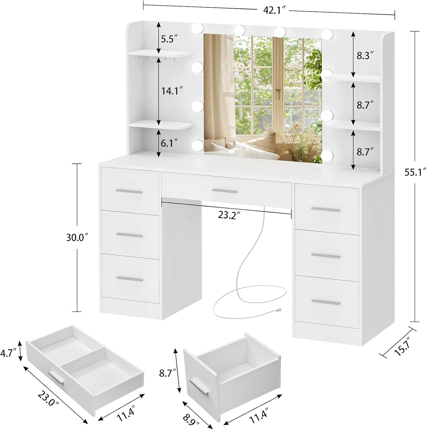 Quimoo Vanity open shelves and five jewelry hanging hooks for necklaces and bracelets