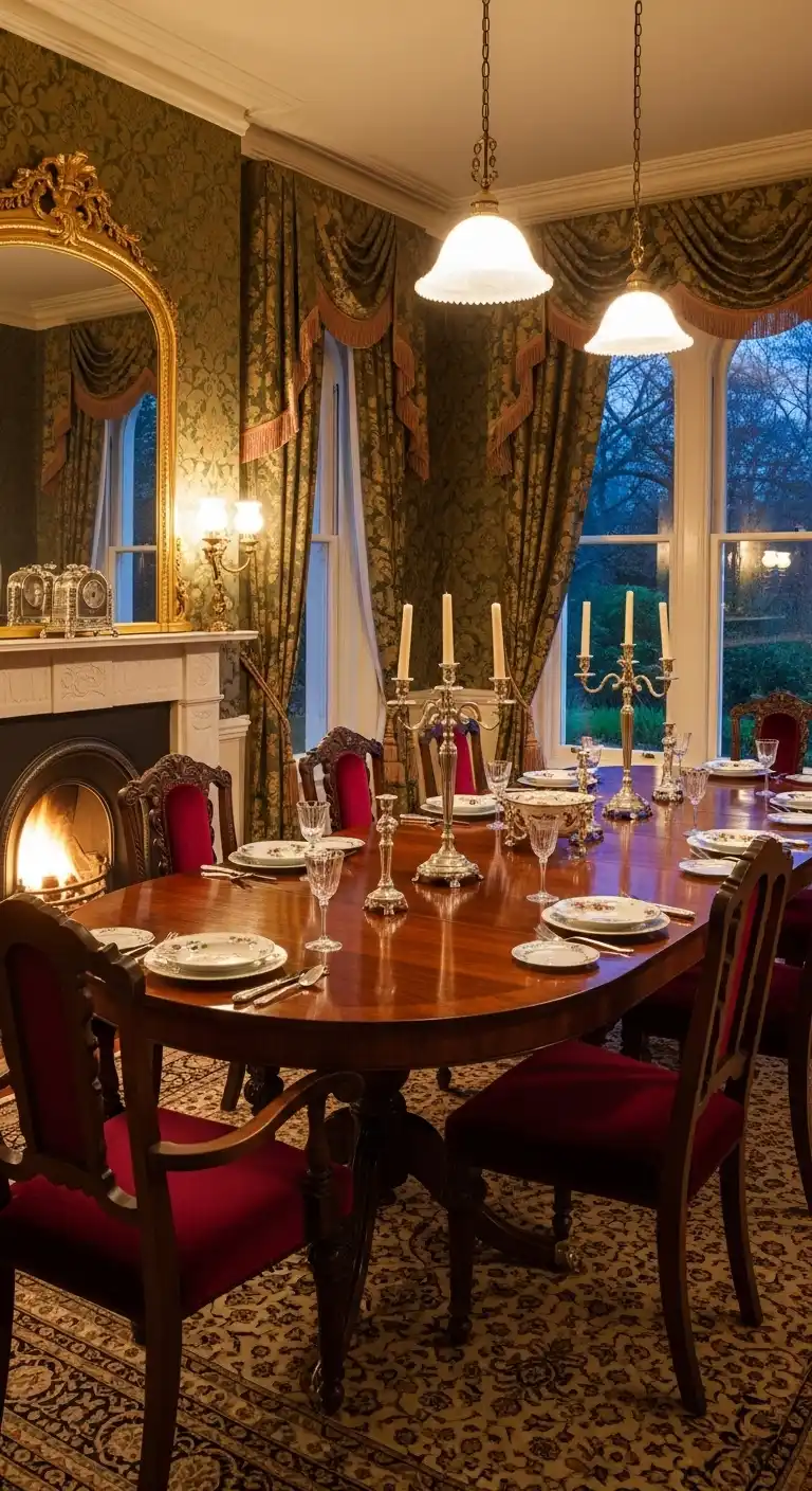 Classic Victorian Dining Room with Dark Wood Furniture