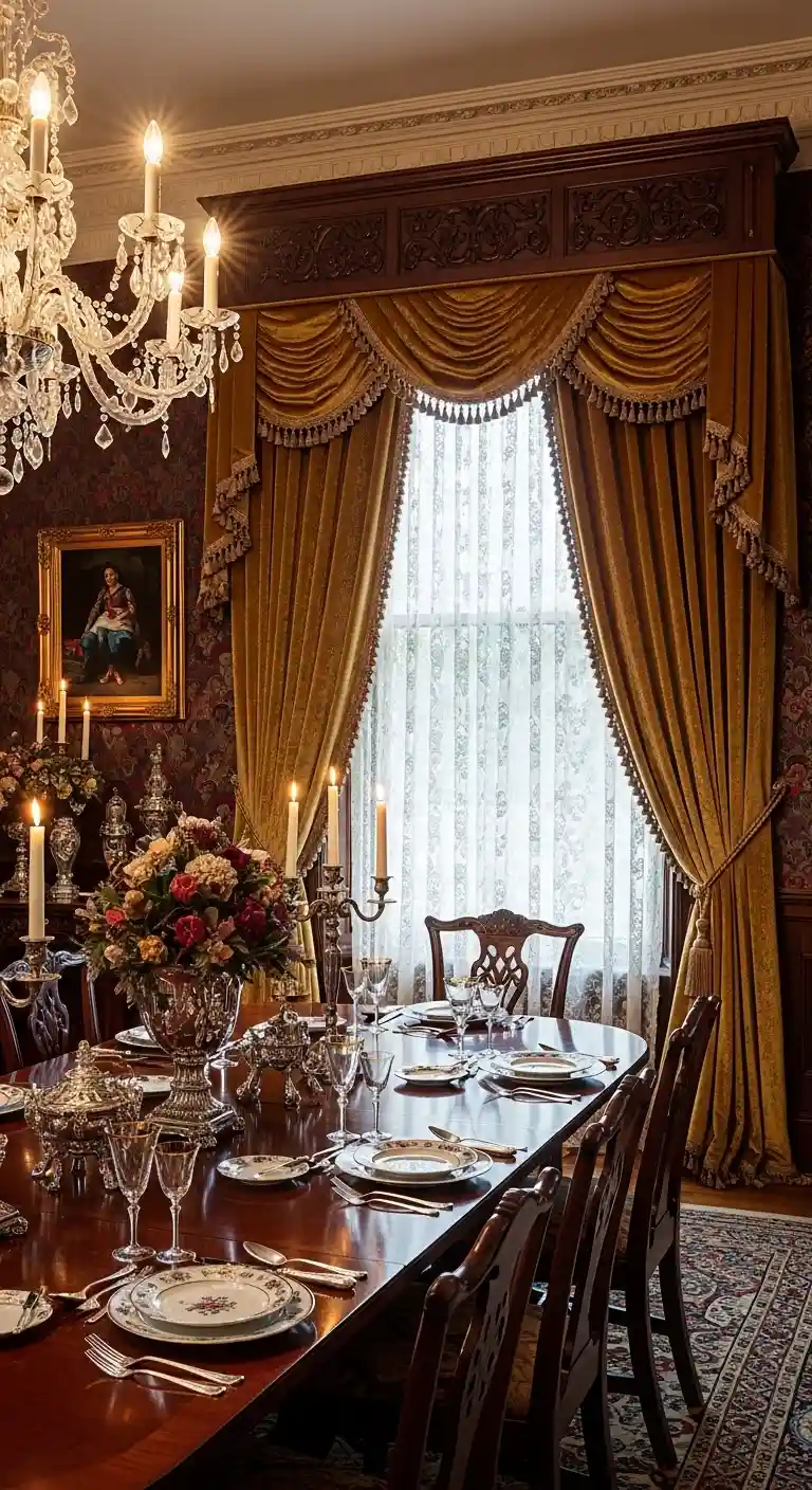 Victorian Dining Room with Floral and Velvet Drapery Window Treatments