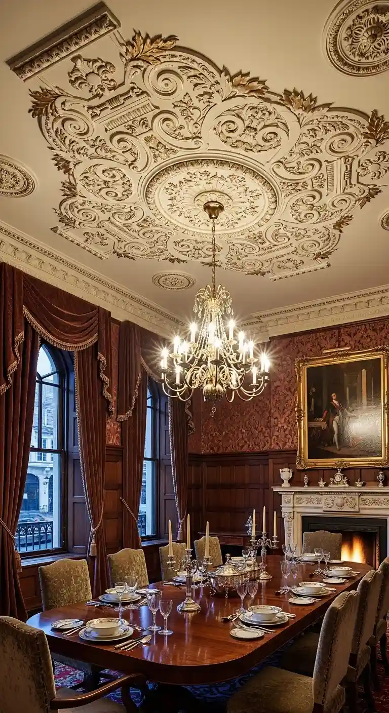 Victorian Dining Room with Decorative Wall Paneling and Ceiling Medallions
