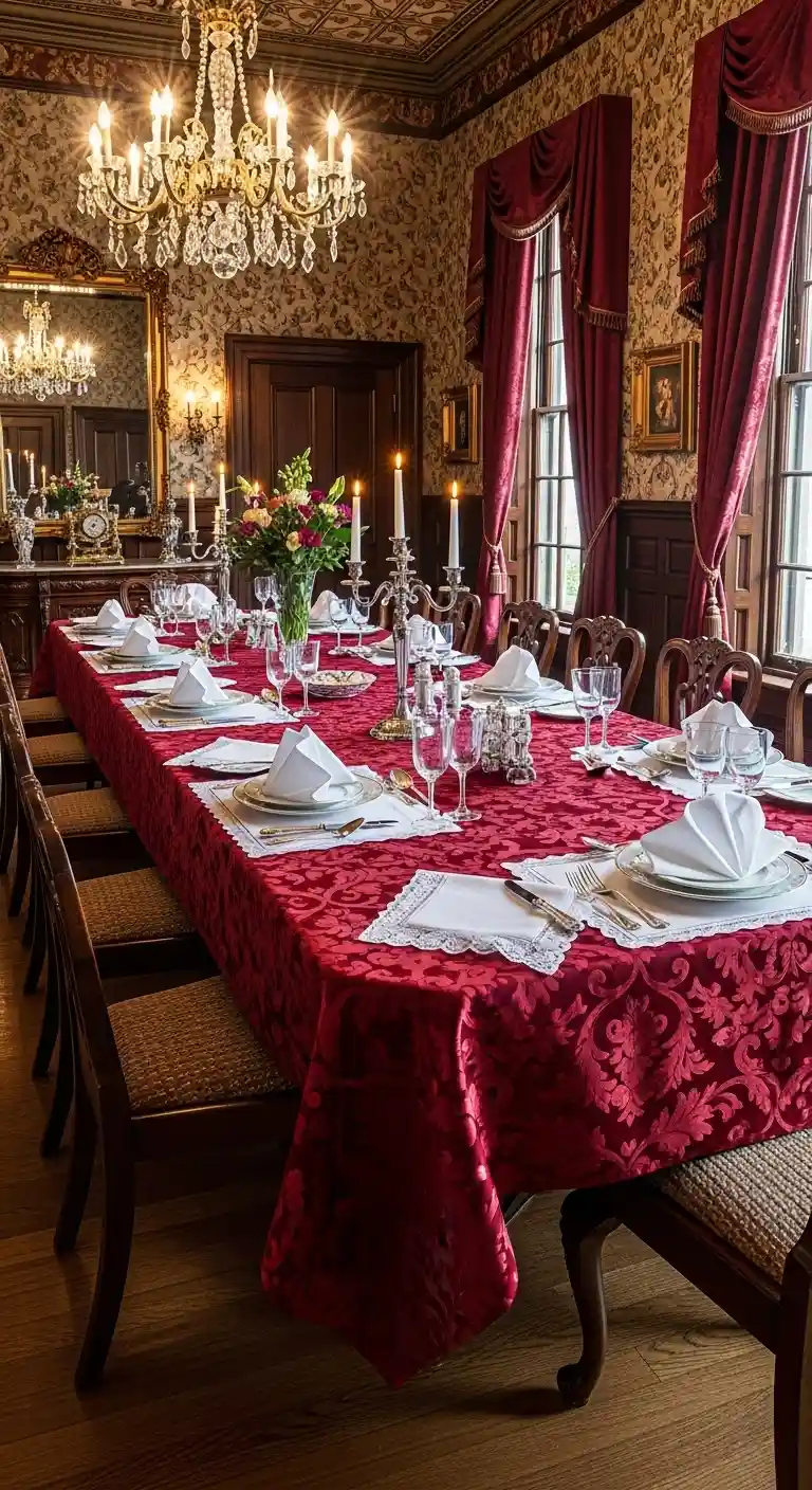 Formal Victorian Dining Room with a Grand Wooden Banquet Table