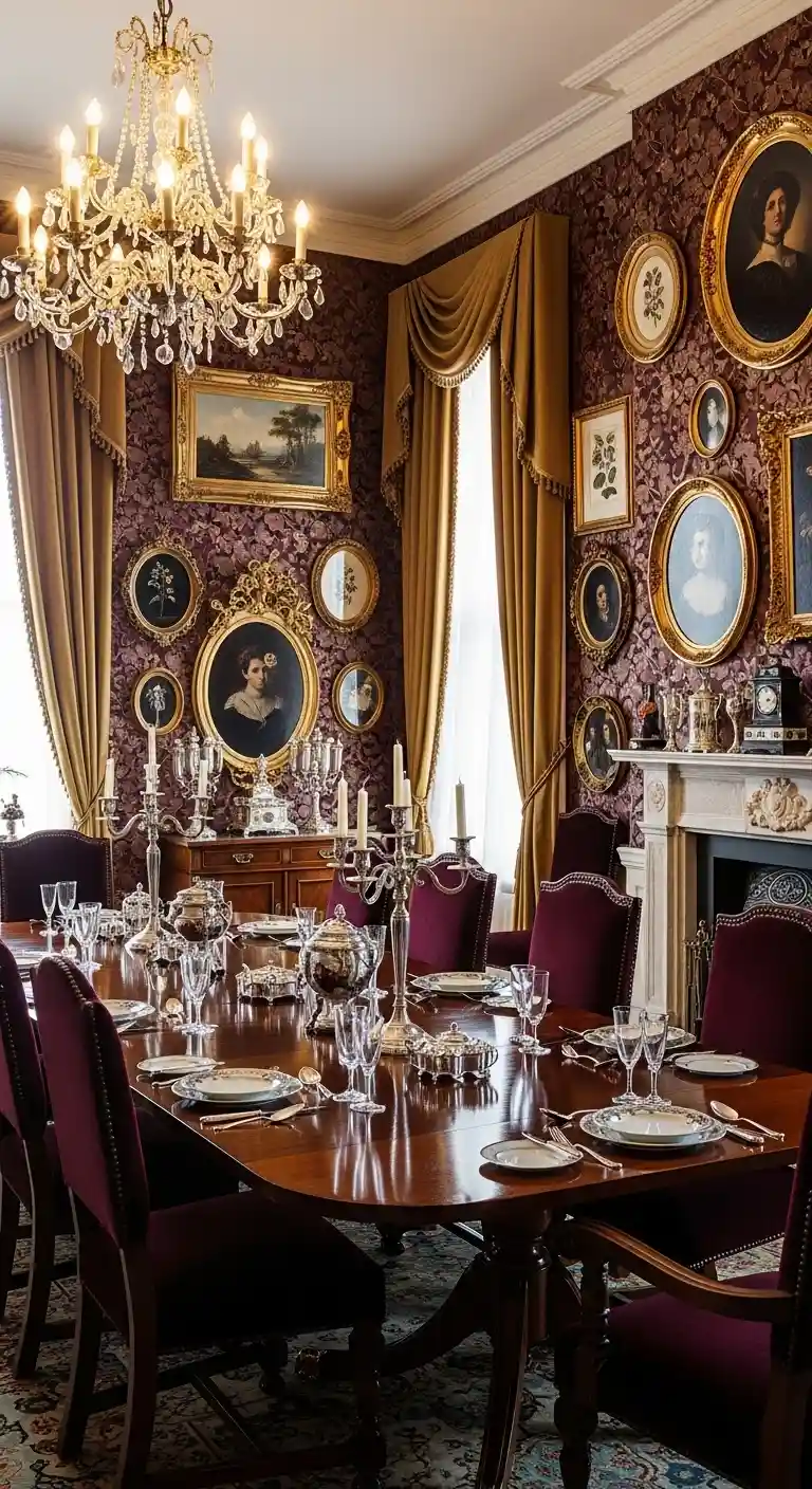 Victorian Dining Room with Botanical Artwork and Portrait Gallery Wall