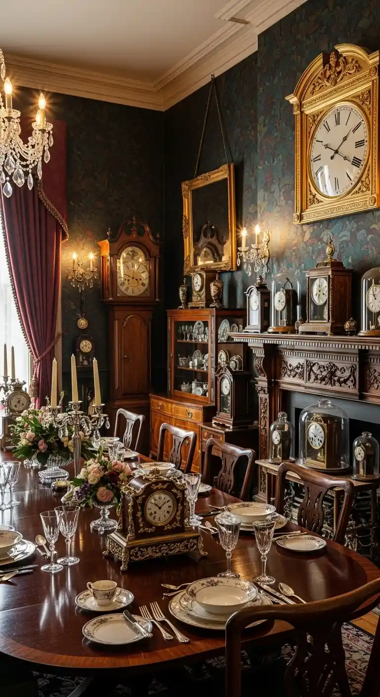Modern Victorian Dining Room with Contemporary Touches and Antique Mantel Clock