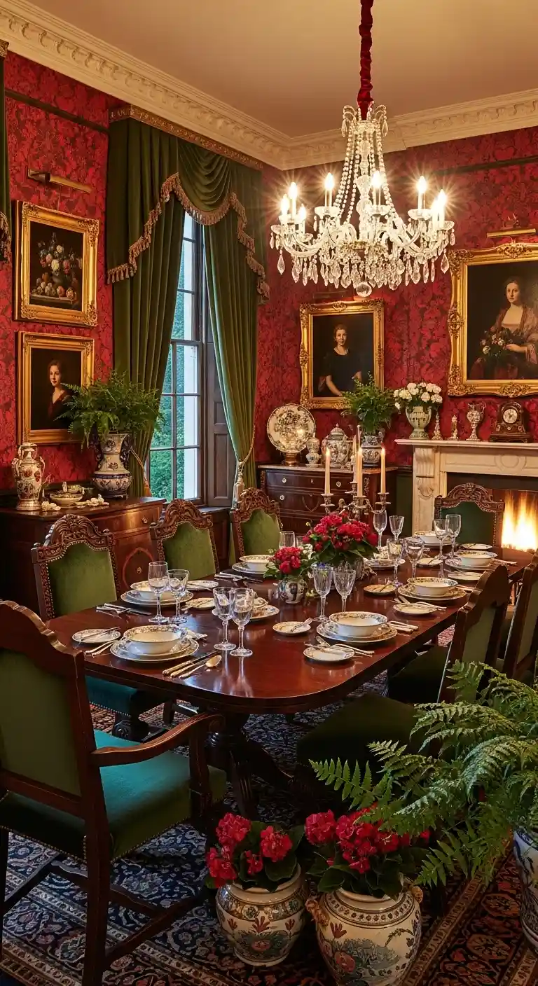 Victorian Dining Room with Burgundy and Deep Red Walls