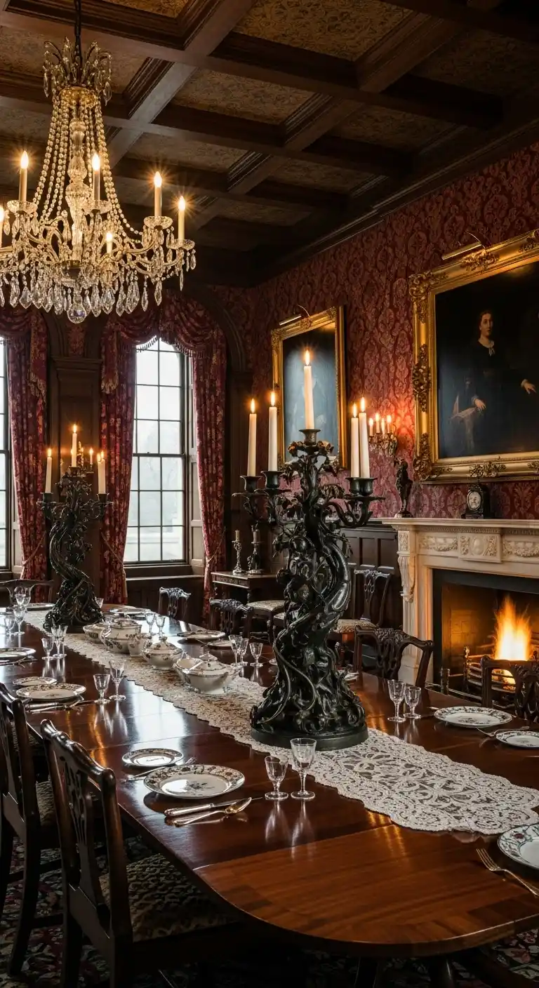 Victorian Dining Room with Gold and Brass Details and Candelabras