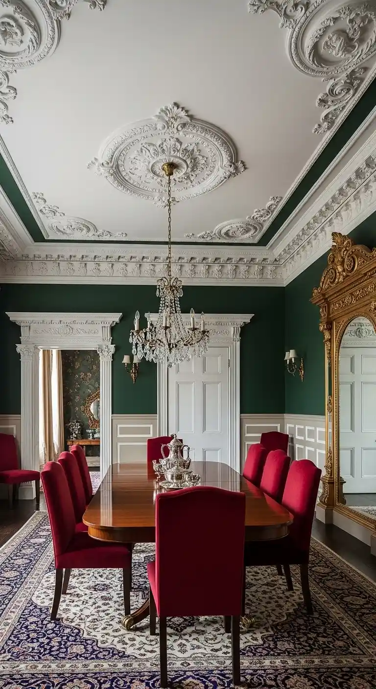 Victorian Dining Room with Emerald Green Accents and Plaster Moldings