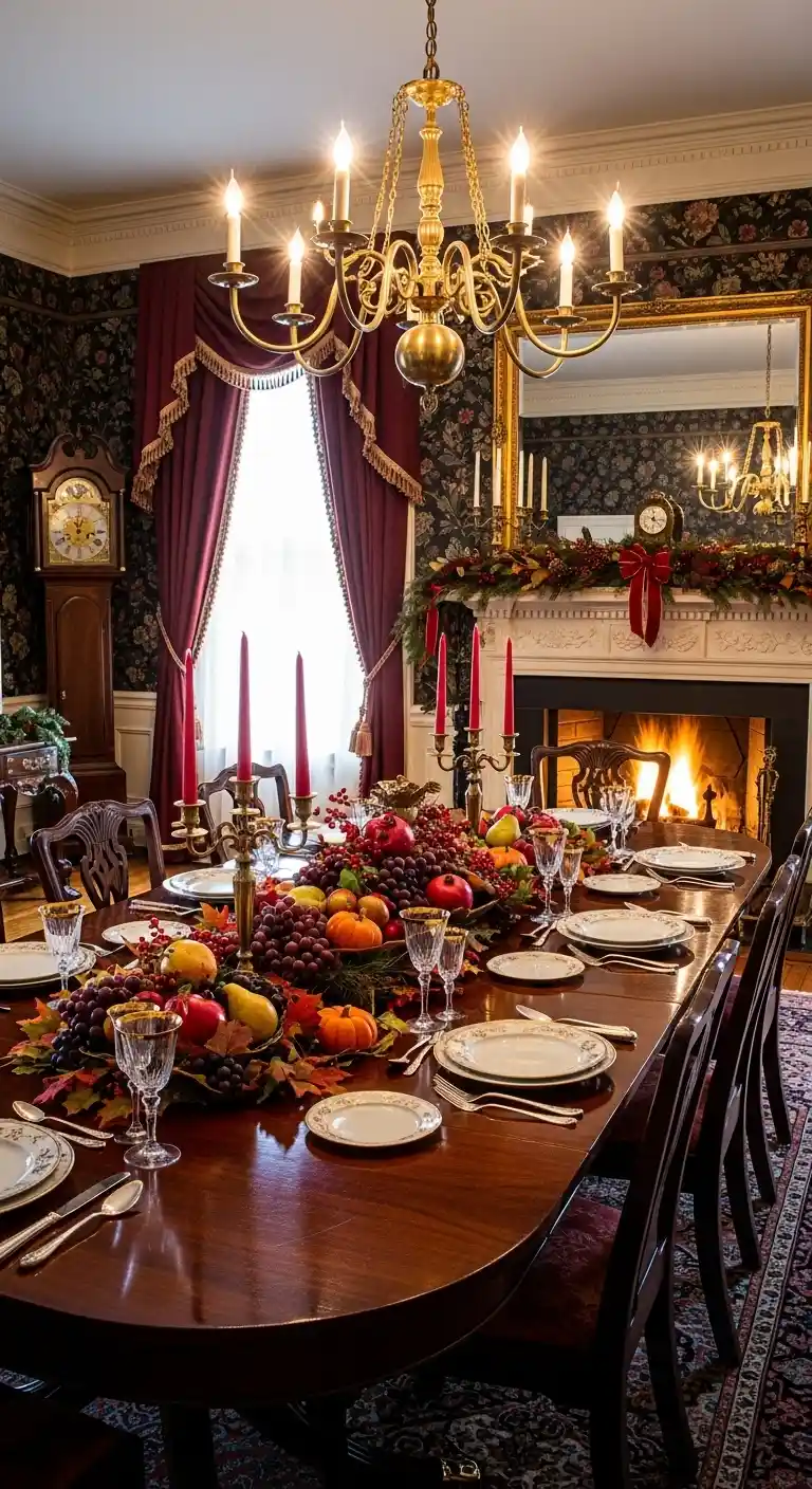 Cozy Victorian Dining Room with Warm Lighting, Soft Textures, and Seasonal Accents