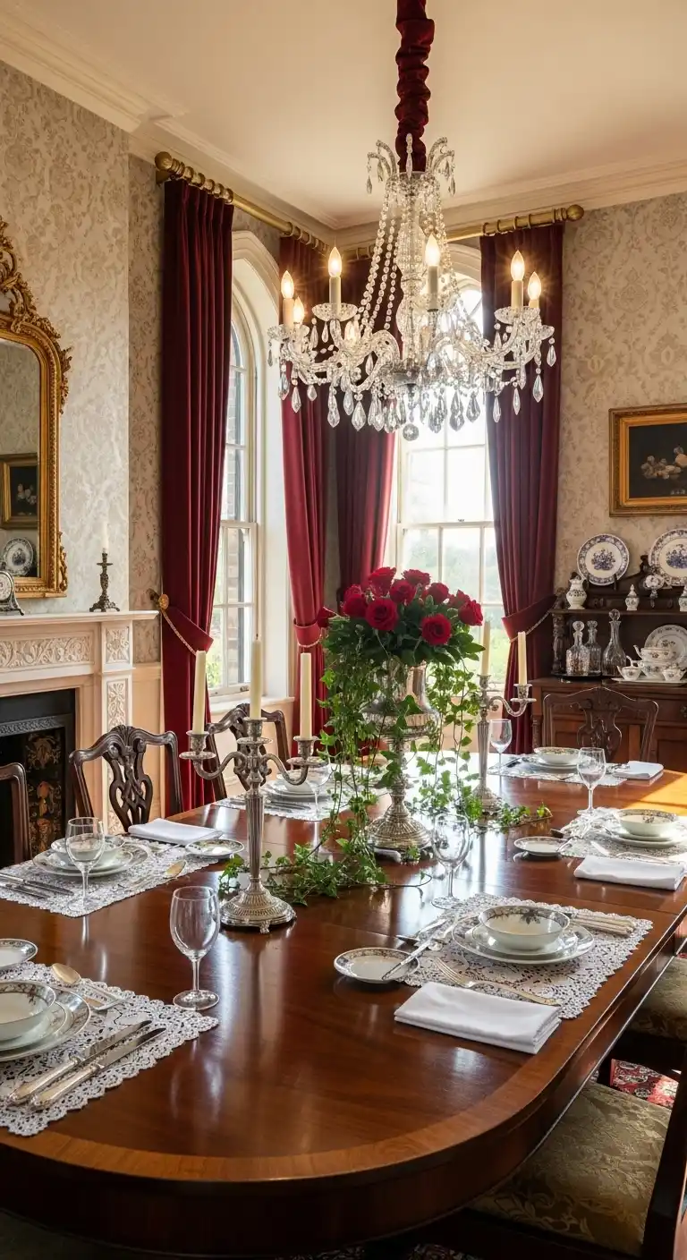 Victorian Dining Room with Ornate Damask Wallpaper